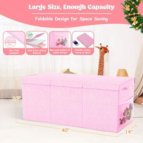 Large Toy Box Storage with Lid, Collapsible Sturdy Toy Chest Bin Pink