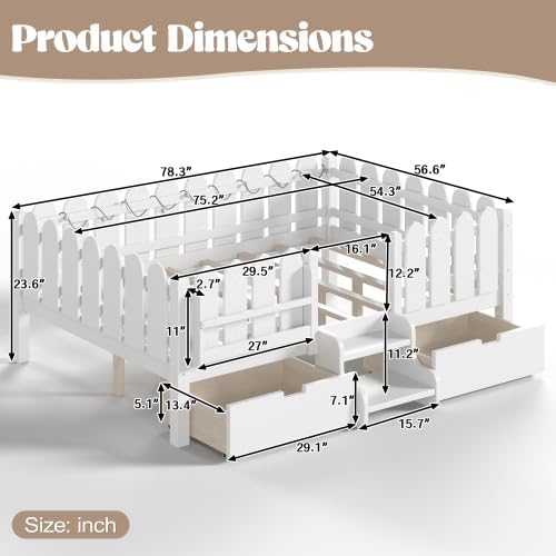 Bellemave Full Size Platform Bed with Storage Drawers & Bookshelf for Boys Girls, Kids Full Bed Frame with LED Lights & Stairs for Children's Room, White