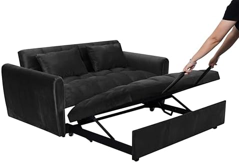 KEIKI 65" 3-in-1 Pull Out Sleeper Sofa Bed, Velvet Futon Loveseat with Adjustable Backrest, 2 Pillows and 500 lb Wood Frame for Guest Rooms, Overnight Guests, Apartments and Small Living Spaces