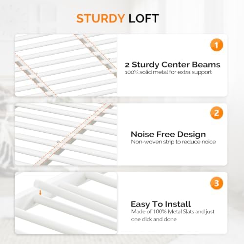 VINGLI Queen Loft Bed with Flat Rungs for Adults, Kids and Young Teens, No Box Spring Required,Heavy Duty Metal Slat Support, Cloud White