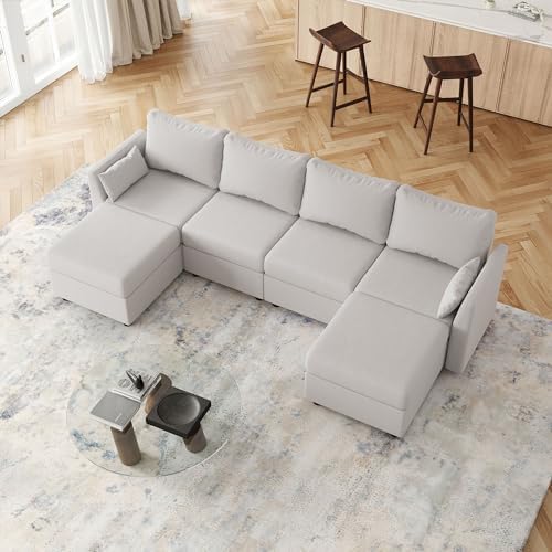 Huatean Home 114.17" Modular Sectional Sofa, 6 Seat Modular Couch with Storage, Memory Foam, Convertible Sectional Couches for Living Room, U Shaped Comfy Modular Sofa with Chaise, Light Grey
