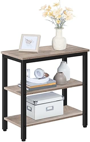 HOOBRO End Table, Simple Rustic Side Table with 3-Tier Storage Shelf, Narrow Nightstand for Small Spaces, Easy Assembly, for Living Room, Bedroom, Metal, Industrial Design, Greige and Black BG14BZ01