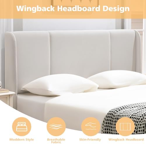 VELOCAVA Full Lift Up Storage Bed Frame, Velvet-Look Upholstered Bed with Modern Wingback Headboard, Gas Lift Mechanism, Space Saving Design, No Box Spring Needed, White