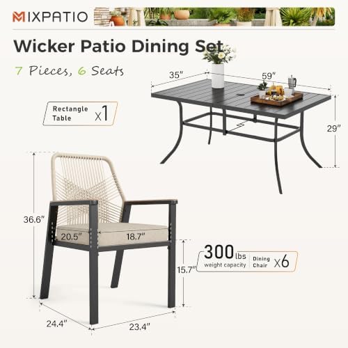 MIXPATIO 7pc Patio Dining Set, 59" Rectangular Metal Table, 6 Rattan Chairs