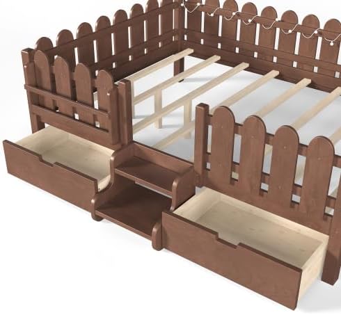 Bellemave Queen Size Platform Bed with Storage Drawers & Bookshelf for Boys Girls, Kids Queen Bed Frame with LED Lights & Stairs for Children's Room, Deep Natural
