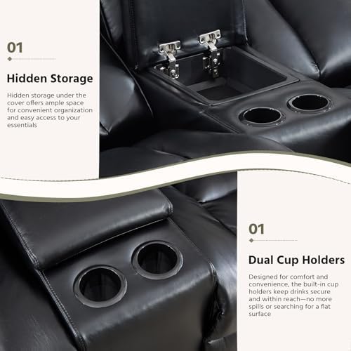 HAOMARKETS Premium PU Leather Manual Loveseat Recliner Sofa with Center Console, Overstuffed 2-Seater Reclining Couch with Hidden Storage & Cup Holders, Dual Recliner for Living Room, Black
