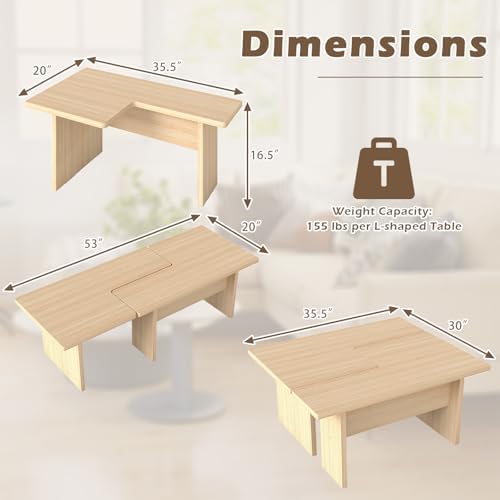 GOFLAME L Shaped Coffee Table Set of 2, Minimalist Wood Modular Center Table with Storage, Farmhouse Rustic Rectangular Accent Tea Tables for Living Room, Apartment, Lounge, Small Space (Oak)