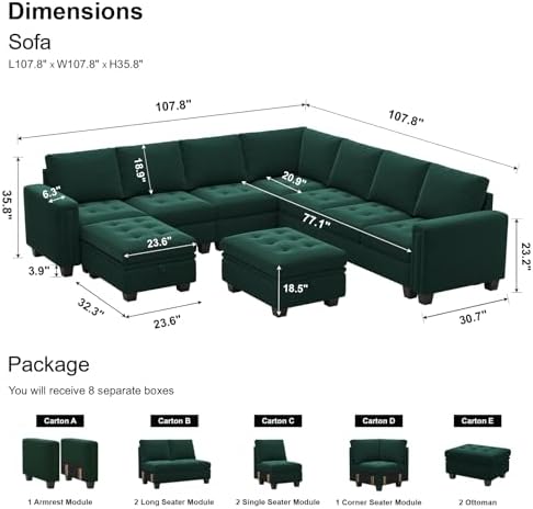Belffin Modular Sectional Sofa U Shaped Sectional Couch with Storage Ottoman Velvet 9-Seater Convertible Sectional Sofa with Chaises Green