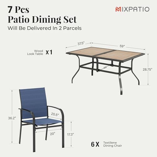 MIXPATIO 7pc Patio Dining Set, 60" Metal Table(PVC Top), 6 Blue Chairs