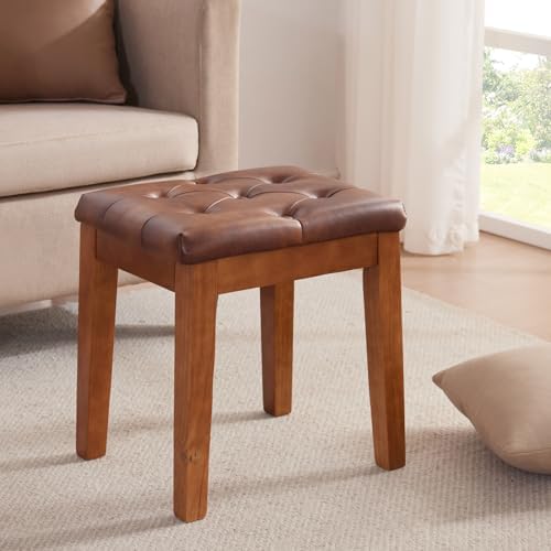 Ottoman Vanity Wooden Stool with Padded Seat, Faux Leather Brown