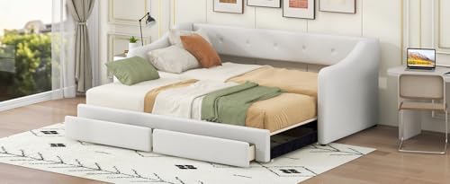 Twin XL to King Size Upholstered Daybed with Two Drawers Bed Frame for Boys Girls Kids Adults, Beige