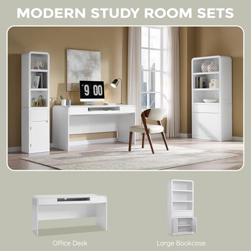 63" Modern Computer Desk with 2 Drawers, Wood Curved (White)
