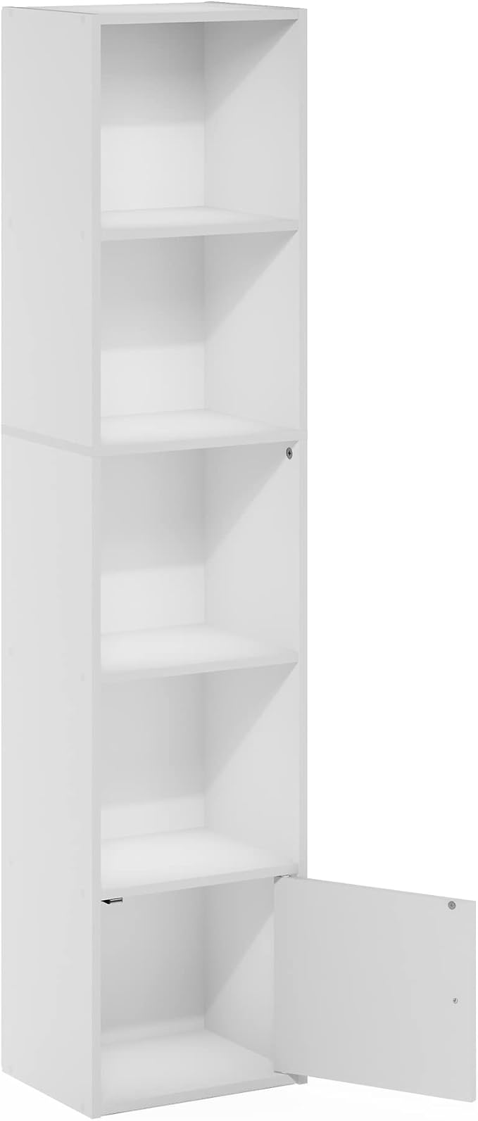 Furinno LUDER Book Shelf, 5-Tier Modern Bookshelf, Bookcase with 1 Door Storage Cabinet, 9.3 x 12 x 52, for Organization and Storage, for Living Room, Bedroom, Home Office, White