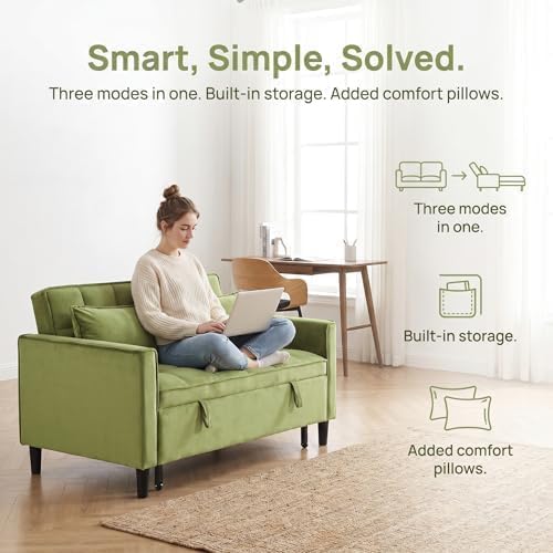 3 in 1 Convertible Sofa Bed, Loveseat Sleeper Sofa with Large Side Pockets, Pull Out Couch with Adjustable Backrest, Easy Assembly, Velvet Couch Bed for Small Spaces, Apartment, Green