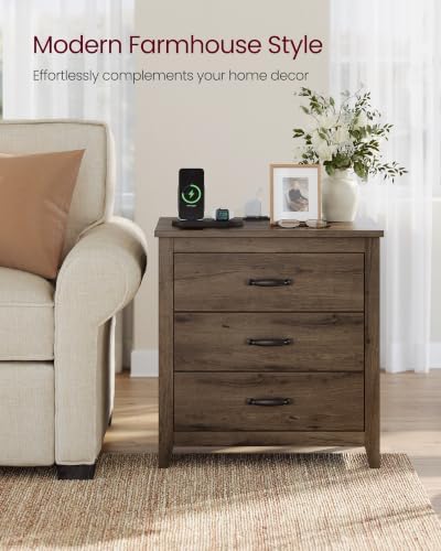 VASAGLE Farmhouse Nightstand with Charging Station, Set of 2, 3 Drawers