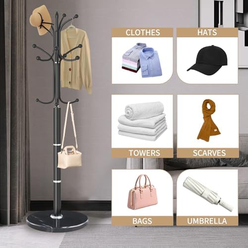 Metal Coat Rack Stand, Modern Freestanding Coat Rack with Natural Marble Base, Black Coat Racks and Coat Hall Tree Hanger Stand with 12 Hooks for Entryway, Hallway, Office