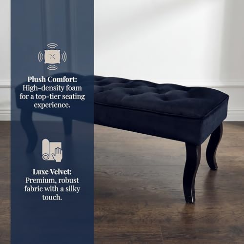 JHY DESIGN 40" L Dutch Velvet Ottoman Bench Upholstered End of Bed Bench with Wooden Legs and Button-Velvet Soft Bench for Bedroom Entryway Sofa Living Room Balcony Hallway (Navy Blue)
