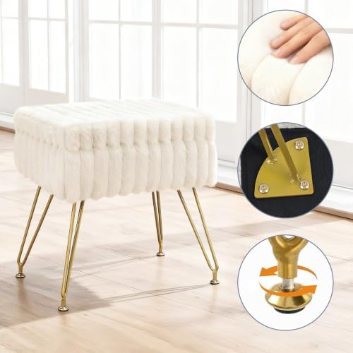 Vanity Stool Chair with Storage, Faux Fur Soft Padded Ottoman with Coffee Table, Modern Vanity Chair Fluffy Footstool with Metal Legs for Makeup, Living Room, Bedroom White