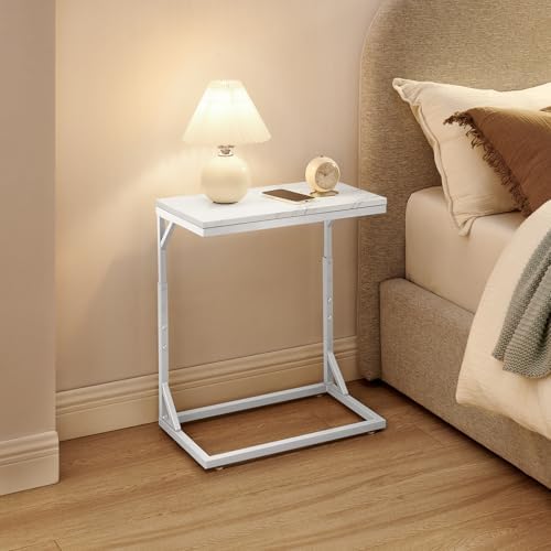 C-Shaped End Table, Small Sofa Table with Metal Frame, Adjustable Height Side Table for Couch, Living Room, Bedroom, Bedside (Silver, Medium)