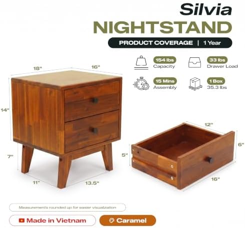 Acacia Silvia Nightstand with 2 Drawers, Solid Wood Bedside Table, Table with Storage Drawers for Bedroom, Bedside End Table with Drawer and Storage Space, Caramel