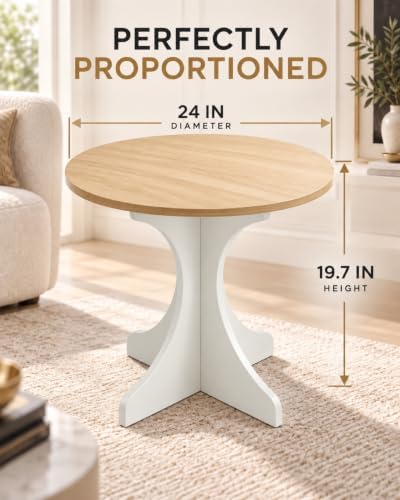 Modern Round Side Table 24in Accent End Table Coffee Table with Walnut Wood Grain Tabletop & White Curved Base for Living Room Bedroom Sofa Corner, Pedestal Nightstand for Indoor/Outdoor