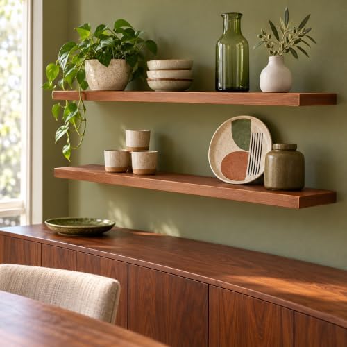 WELLAND 48" Floating Shelves for Wall, Set of 2, 8" Deep Rustic Solid Pine