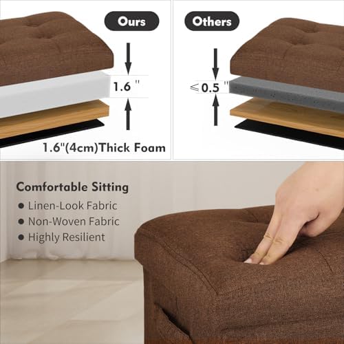 Storage Ottoman Cube, Folding Linen Ottoman Foot Rest for Living Room Brown