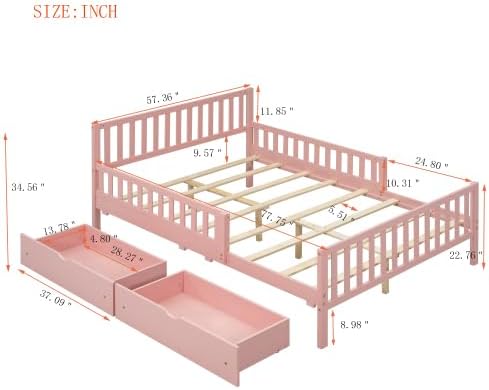 Bellemave Girls Full Bed Frame with Fences and 2 Drawers, Kids Full Platform Bed with Guardrails on Both Sides, Pink