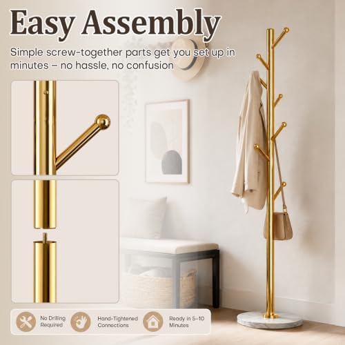Homde Metal Coat Rack Stand: Natural Marble Base with 8 Hooks (Golden)