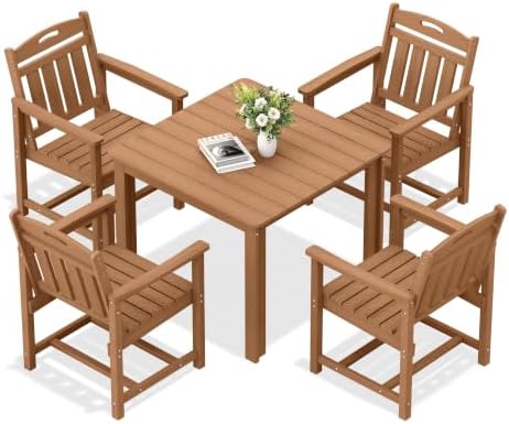 HDPE Outdoor Dining Set of 4, 35" Square Patio Table and Chairs, Teak
