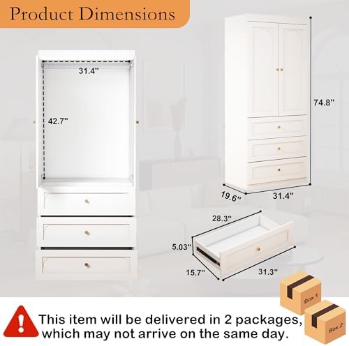White Wooden Wardrobe Closet with 3 Drawers, 75" Tall x 32" Wide