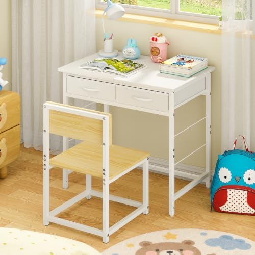 Kids Desk and Chair Set for 5-10 Year Old, Children Study Table with 2 Storage Drawers, Small Student Writing Desk with Chair, Ideal for Girls & Boys Playroom Bedroom Study Room Home School