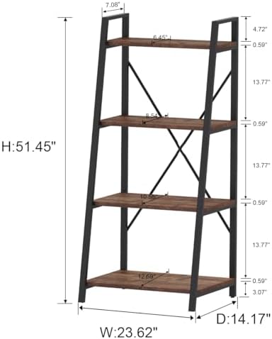 Industrial Ladder Shelf Bookcase, 4 Tier Rustic Ladder Bookshelf, Standing Leaning Book Shelves for Living Room (Rustic Oak)