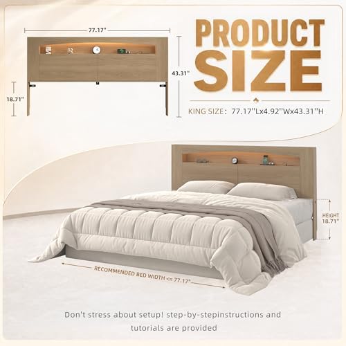 Wooden King Headboard Only with Storage for Bedroom (Oak, King)