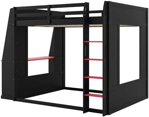 Queen Size Wooden Gaming Bunk Bed with Desk Black+Red1