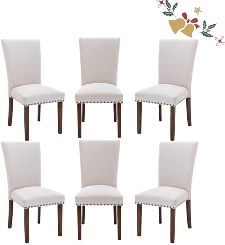 Set of 6 Beige Upholstered Dining Chairs, Farmhouse Kitchen Chairs with High Back, Solid Rubberwood Legs, Comfortable Padded Foam Seat, Bronze Nailhead Trim, Dining Room Chairs for Large Families