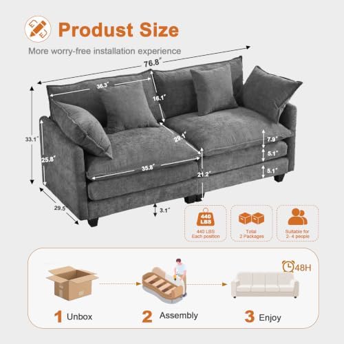 77" Cloud Chenille Sofa Set with Pillows, Deep Seat Loveseat Couch for Apartments, Space Saving 2-Seater with Solid Wood Frame, Easy Assembly (1YR Guarantee) Comfy, Grey