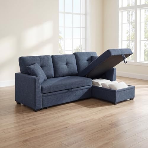 Convertible Sofa Bed, L Shape Sleeper Sofa with Reversible Storage Chaise, Tufted Fabric Sectional Sleeper Sofa with Pull Out Bed for Small Space, Living Room, Apartment, Dark Blue