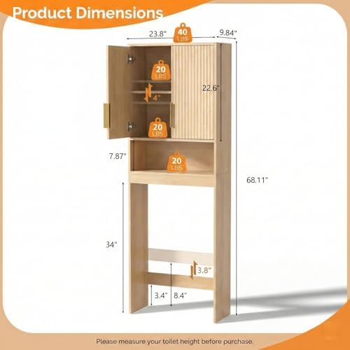 VINGLI Over The Toilet Storage Cabinet with Fluted Doors, Mid Century Modern Bathroom Organizer Over Toilet, Freestanding Wooden Space Saver Stand with Adjustable Shelves, Natural Oak