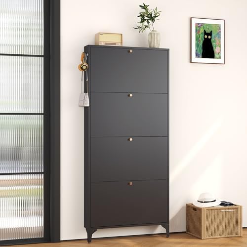 Slim Shoe Cabinet with 4 Flip Drawers,Narrow Shoe Storage Cabinet,Freestanding Organizer,Metal Hidden Shoe Storage for Entryway,Hallway,Living Room (4 Door Width 700, Black)