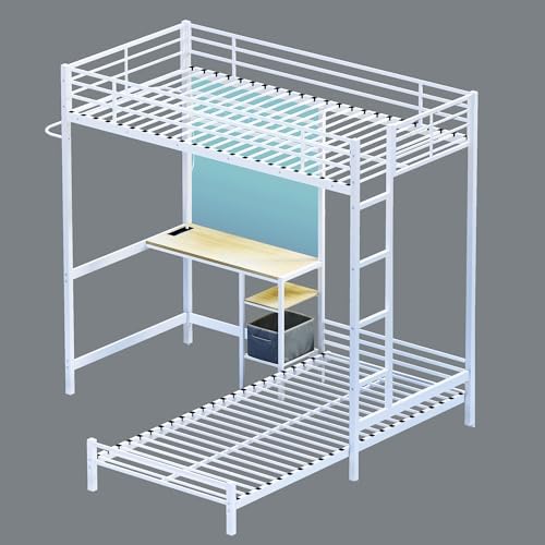 Bellemave Twin Over Twin bunk Bed with Desk and LED Charging Station, loft Bed with Desk and Shelves Drawer, Twin Over Twin Metal Bunk Beds with Storage, White