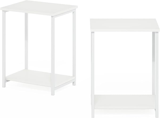 Furinno Simplistic Side Table Set of 2, 2-Tier Modern Metal Frame End Table with Open Shelf, Night Stand, Bedside Table, Easy Assembly, for Living Room, Bedroom, White