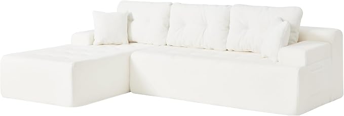 Hobestluk Modular Sectional Sofa Couches L-Shape Couch 3 Seat Modular Sofa Memory Foam Sectional Couches for Living Room, Cloud Couch with Oversized Chaise (White Tufted, 108", Left Hand Facing)