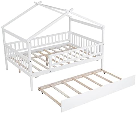 Merax Full Size Wooden House Bed with Twin Size Trundle, Wood Bed Frame with Roof and Safety Guardrail for Kids, Teens, Boys or Girls, White