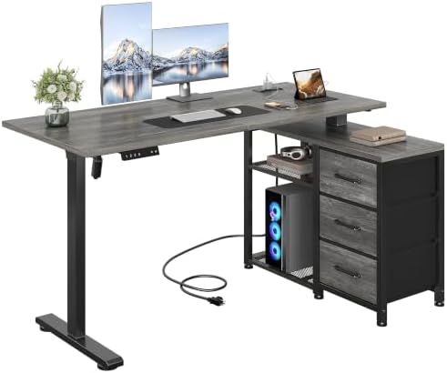 47 Inch L Shaped Desk with 3 Drawers Electric Standing Desks with Storage Computer Table Adjustable Height with Power Outlets 4 Memory Presets for Home Office, Grey