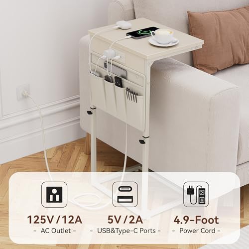 Vagusicc C-Shaped End Table with Charging Station, Small Side Table for Couch, 33" Tall C Table Adjustable Height Side Table, Couch Tables that Slide Under, Sofa Table TV Tray for Living Room, Cream