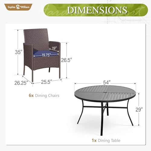 Sophia & William 7-Piece Patio Dining Set, Round Table, PE Wicker Chairs