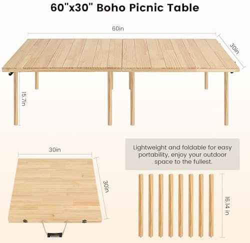 60" x 30" Boho Low Picnic Table, Foldable Solid Wood Construction
