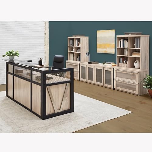 NBF Reception Desk Front Counter Workstation for Office Lobby Reception Area, 87" W x 30" D, Tan, District Collection