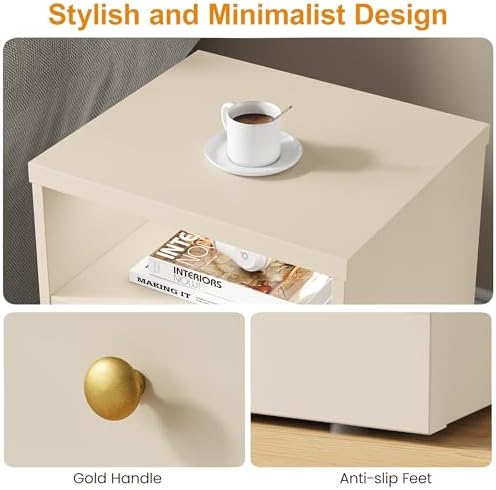 RoyalCraft Beige Nightstand Set of 2, Small End Table with Storage Shelf and Door, Faux Two-Drawer Design Side Table, Modern Night Stand for Bedroom Dorm, Wood Beside Table for Small Spaces